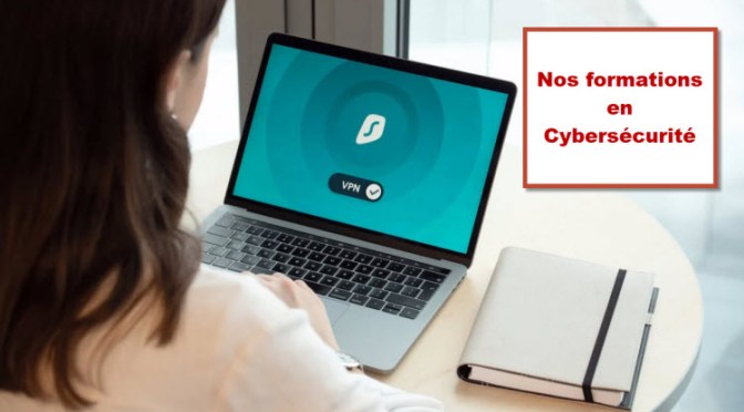 Femme utilisant un ordinateur portable affichant un VPN activé, illustrant une formation en cybersécurité à Bruxelles.