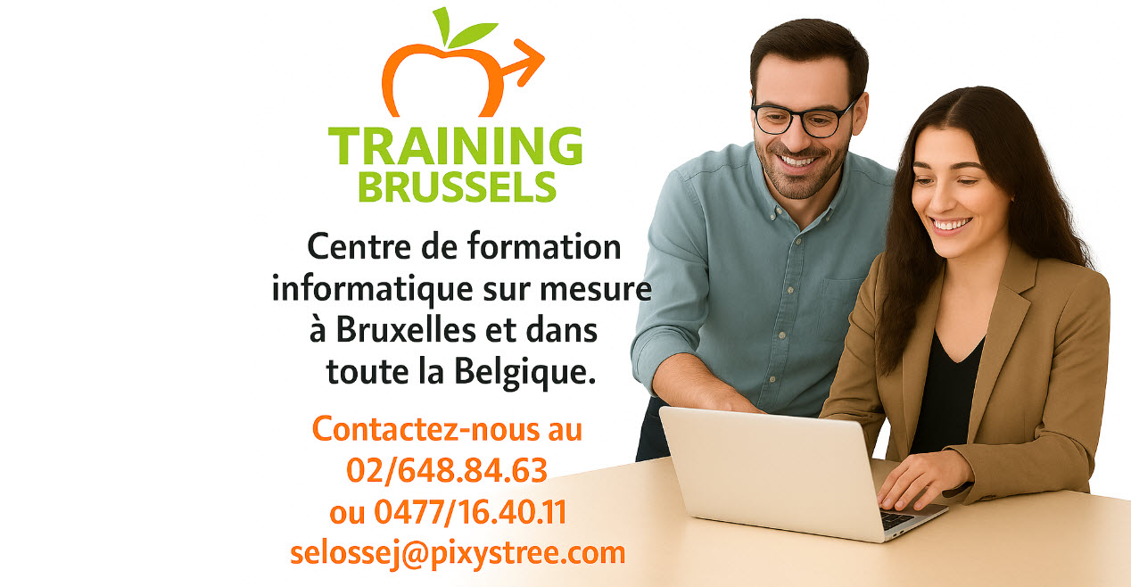 Logo Training Brussels en haut, deux formateurs souriants montrant à un apprenant comment utiliser un ordinateur portable, texte « Centre de formation informatique sur mesure à Bruxelles et dans toute la Belgique » et coordonnées de contact.