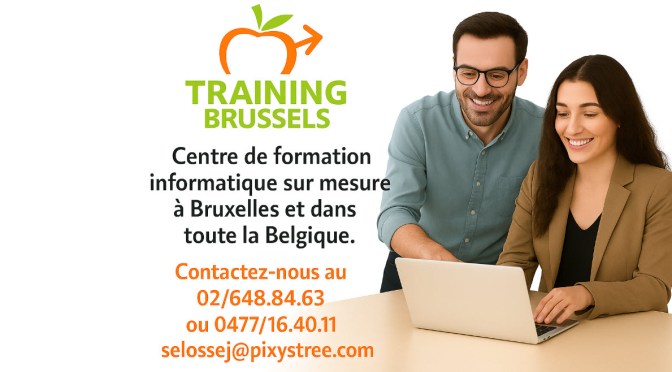 Logo Training Brussels en haut, deux formateurs souriants montrant à un apprenant comment utiliser un ordinateur portable, texte « Centre de formation informatique sur mesure à Bruxelles et dans toute la Belgique » et coordonnées de contact.