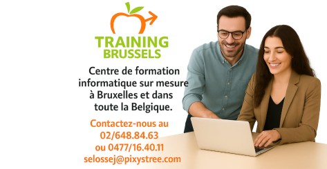 Logo Training Brussels en haut, deux formateurs souriants montrant à un apprenant comment utiliser un ordinateur portable, texte « Centre de formation informatique sur mesure à Bruxelles et dans toute la Belgique » et coordonnées de contact.