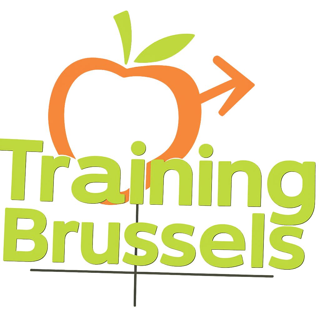 Logo Training Brussels composé d’une pomme stylisée en orange et vert surmontée d’une flèche, avec le nom « Training Brussels » en lettres vert clair.