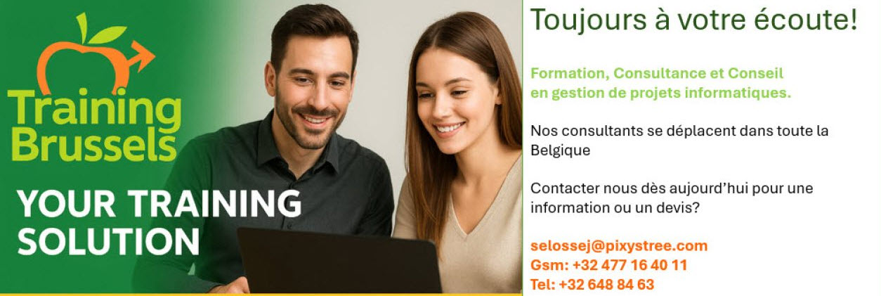 Deux consultants souriants devant un ordinateur portable, le logo Training Brussels sur fond vert à gauche ; à droite, un encadré blanc affiche le slogan « Toujours à votre écoute ! », suivi du texte « Formation, Consultance et Conseil en gestion de projets informatiques », et des coordonnées de contact.